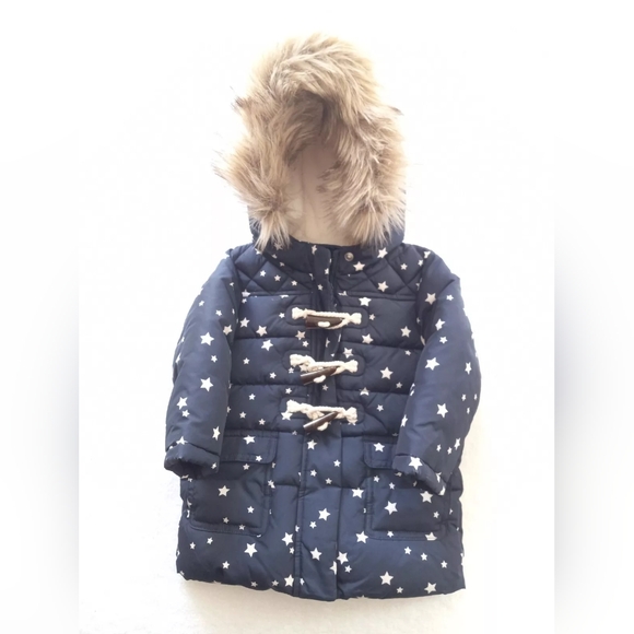 Baby Gap Navy Fur-trim Star Toggle Duffle Puffer Jacket Size 18-24 months